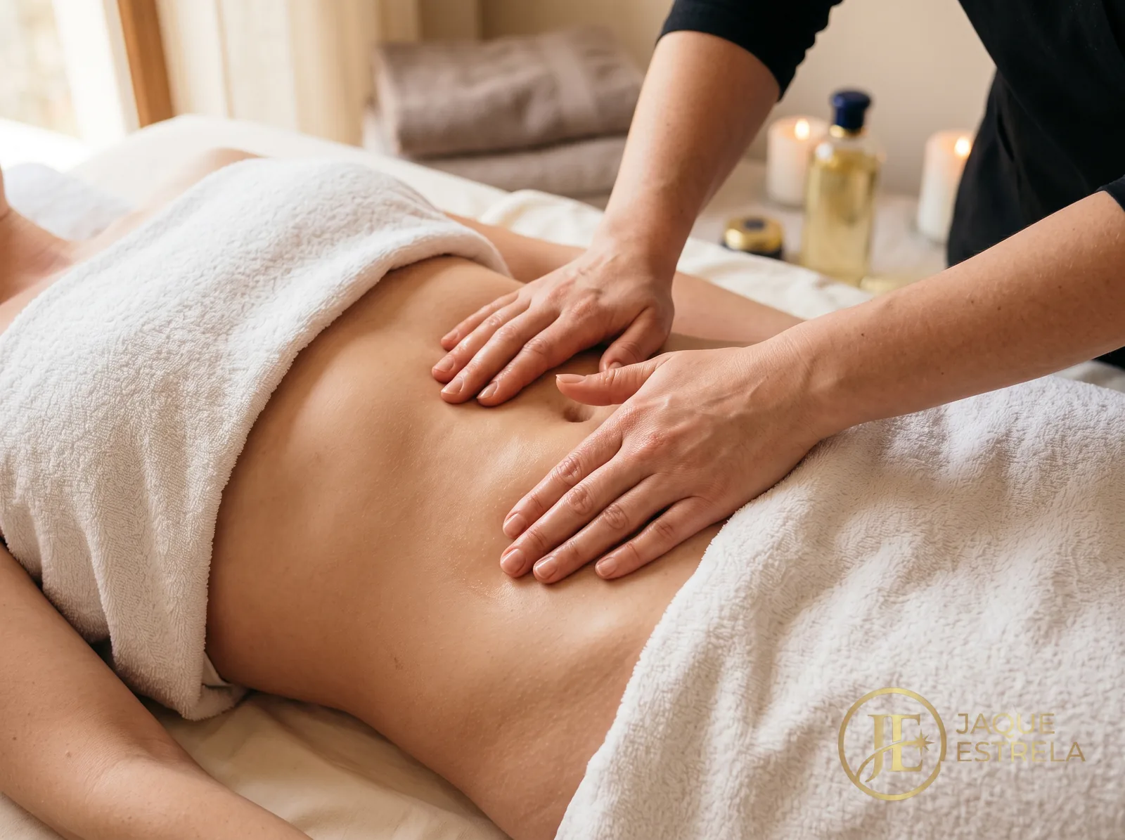 Foto da cliente relaxada na maca, abdomen sendo cuidado com toalha e ambiente sereno
