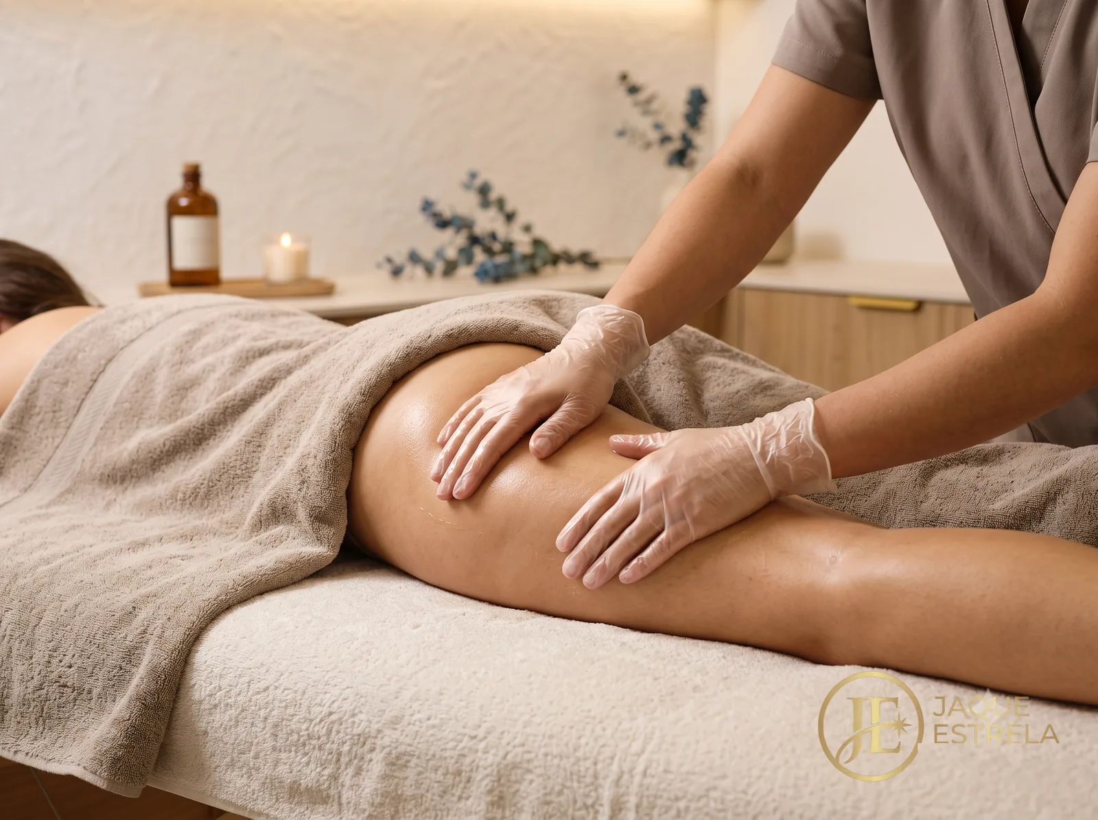 Ilustração da técnica: massagem modeladora com luvas e óleo